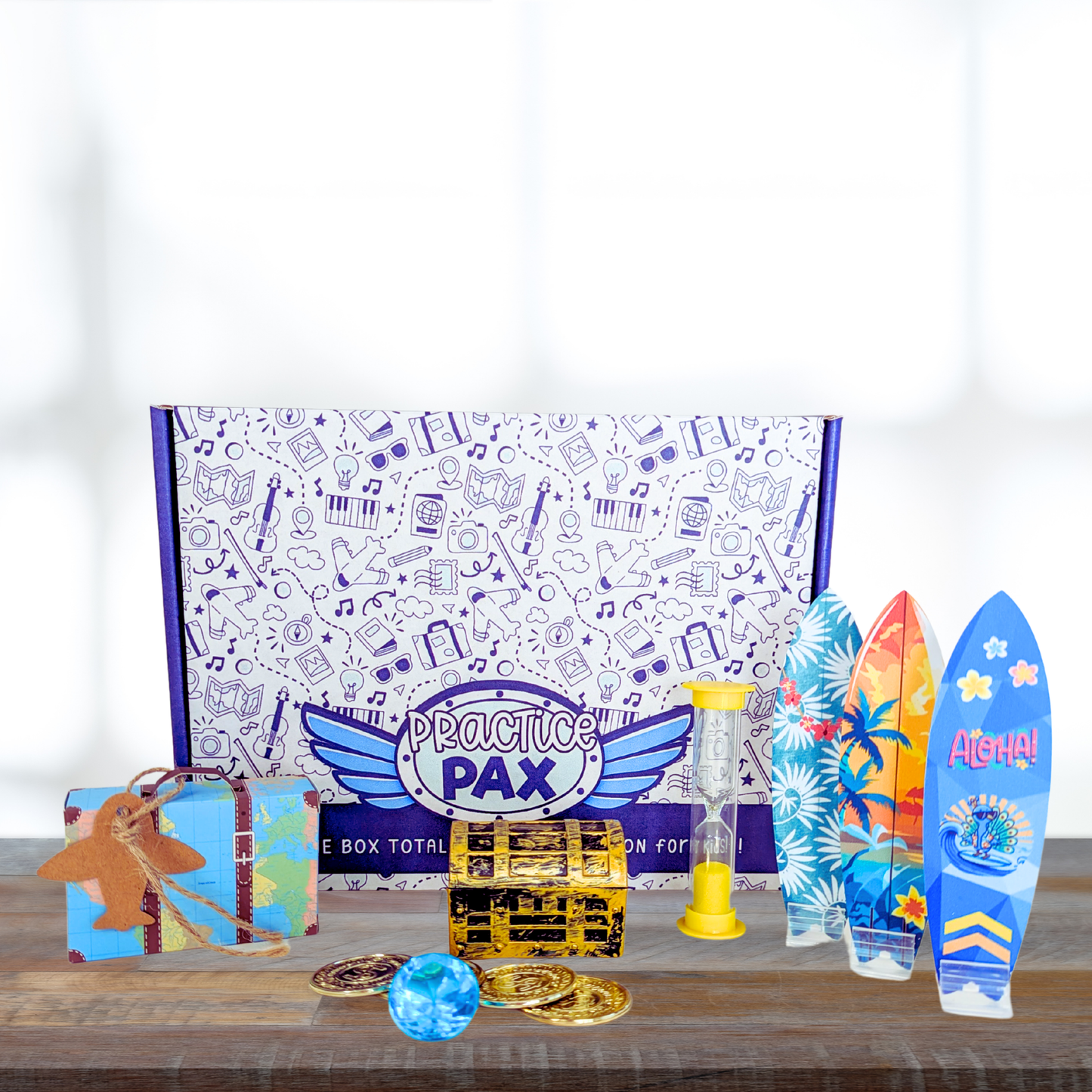 Practice Pax Subscription box with a treasure chest activity, a surf board wipeout activity, a timer tool, and a mini suitcase.