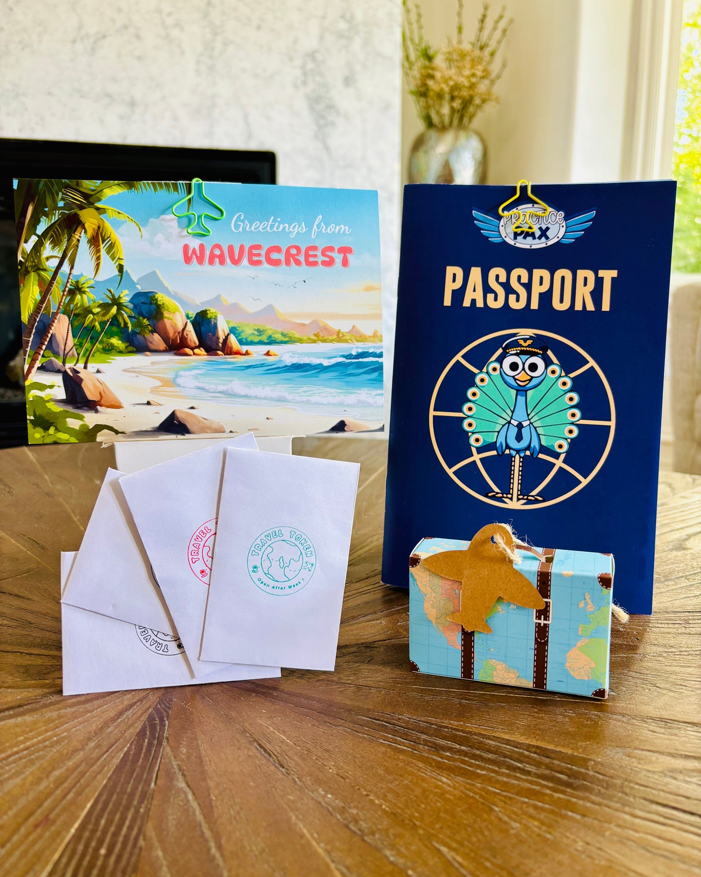 Children's travel-themed music practice items including a passport, reward tokens in white envelopes, and a small storage suitcase.