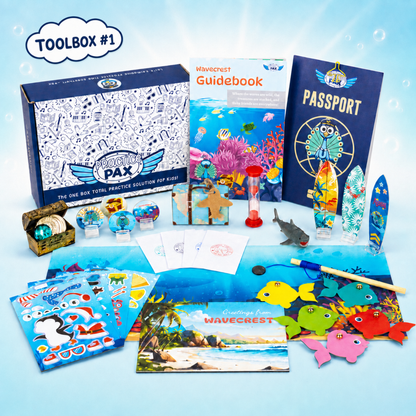 WavesCrest Music Practice 'Toolbox #1' ocean-themed activity kit with a blue box, guidebook, passport planner, parent-child habit postcard, toy shark, colorful fish cutouts, and other marine-themed accessories arranged on a light blue background.