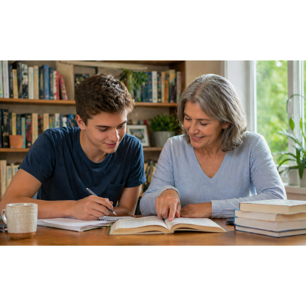 boy and mother studying a book